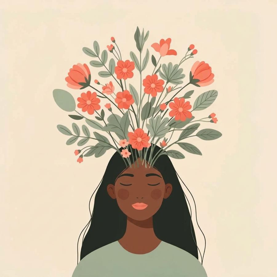 Mental wellness illustration of a woman blooming with flowers