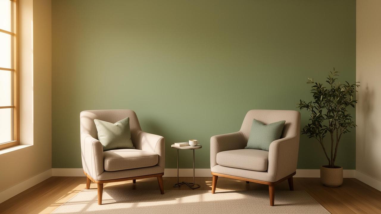 Calm sage green therapy office at Greene Mental Wellness